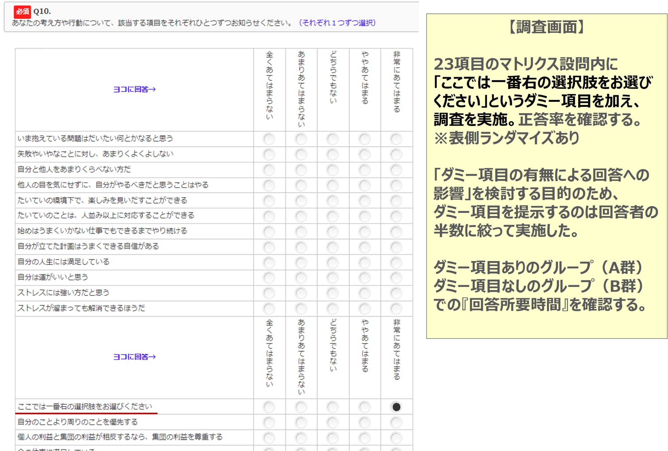 図　ダミー項目における正答率と回答時間を調査するためのアンケートページ