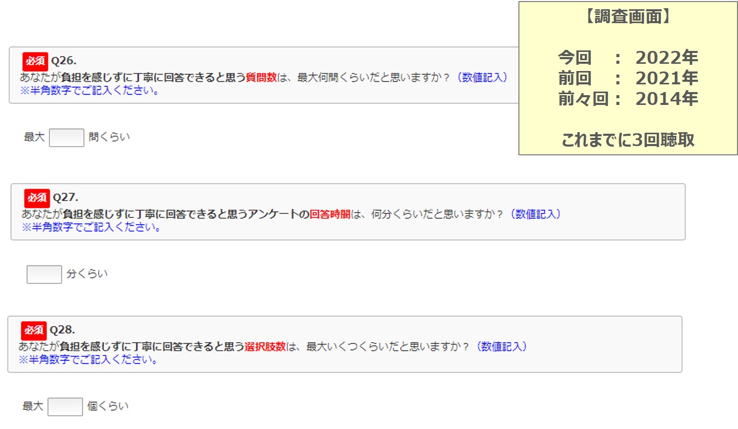 図　負担を感じずに丁寧に回答できる質問数や回答時間、選択肢数のアンケートページ
