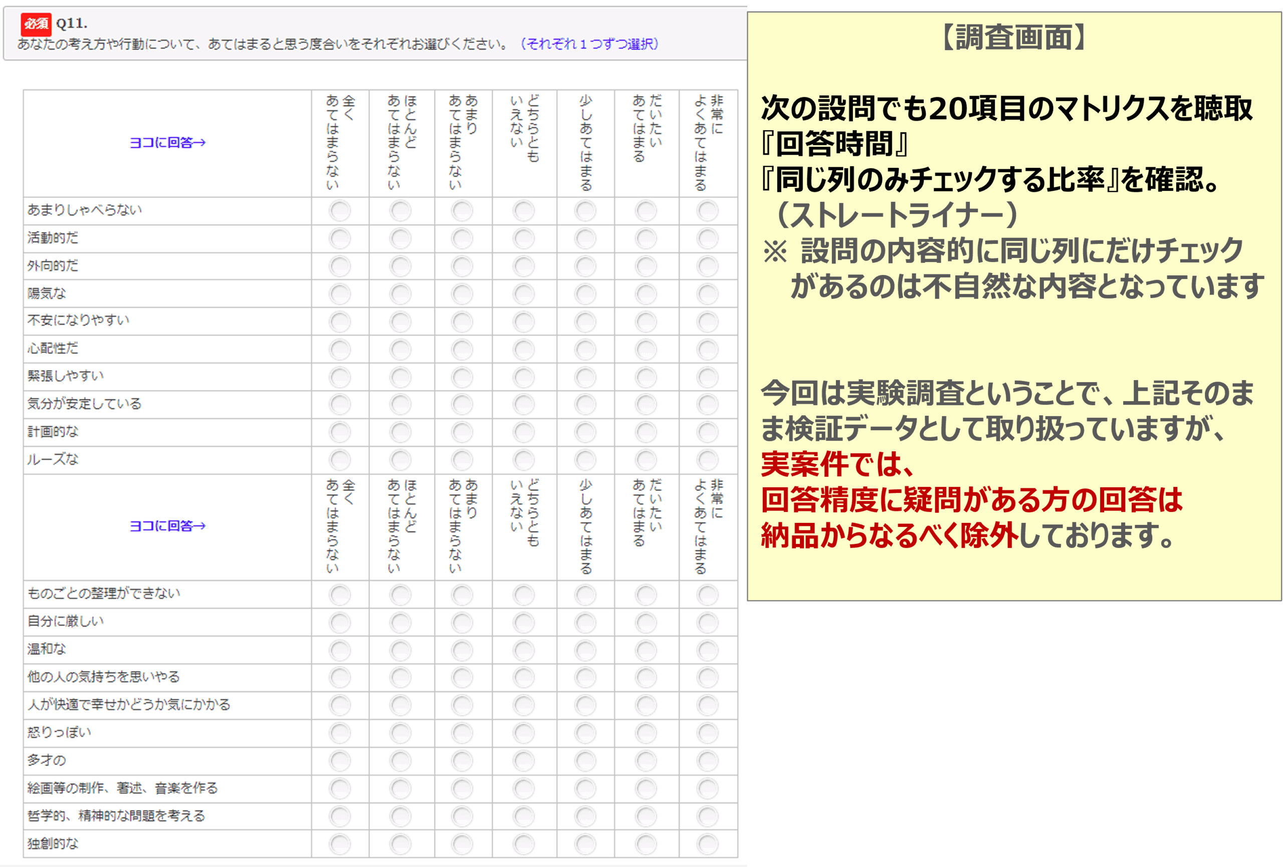 図　「ダミー項目の効果について」を考察するために用意したアンケートページ