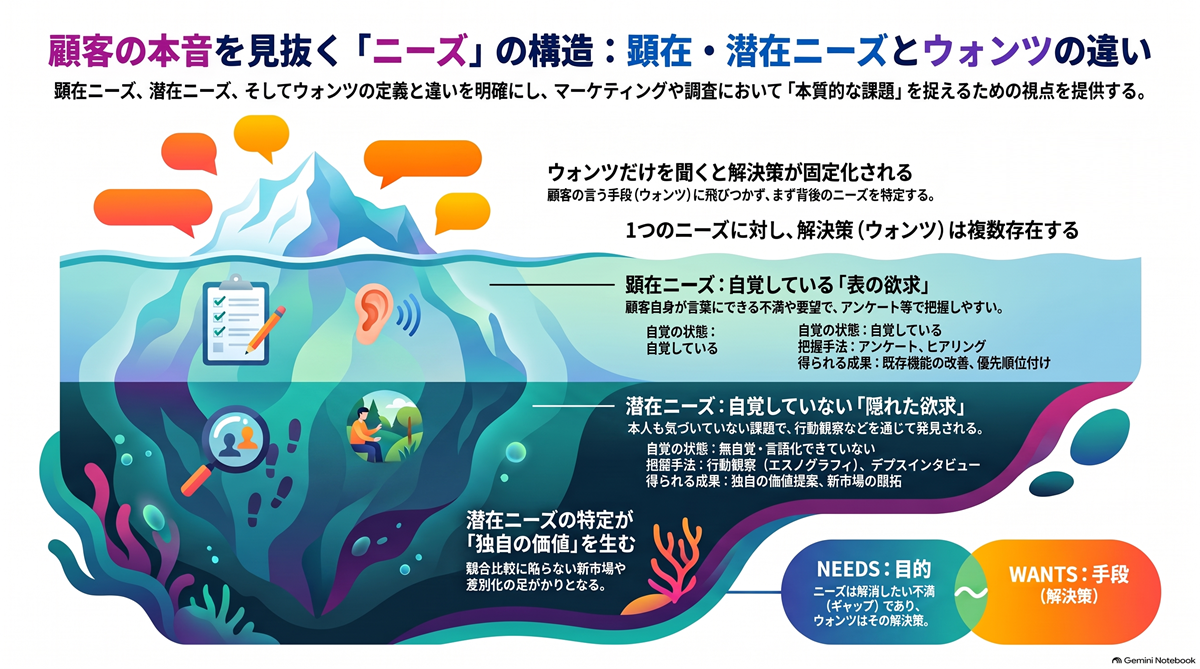 図 顧客の本音を見抜く「ニーズ」の構造:顕在・潜在ニーズとウォンツの違い(生成AI作成)