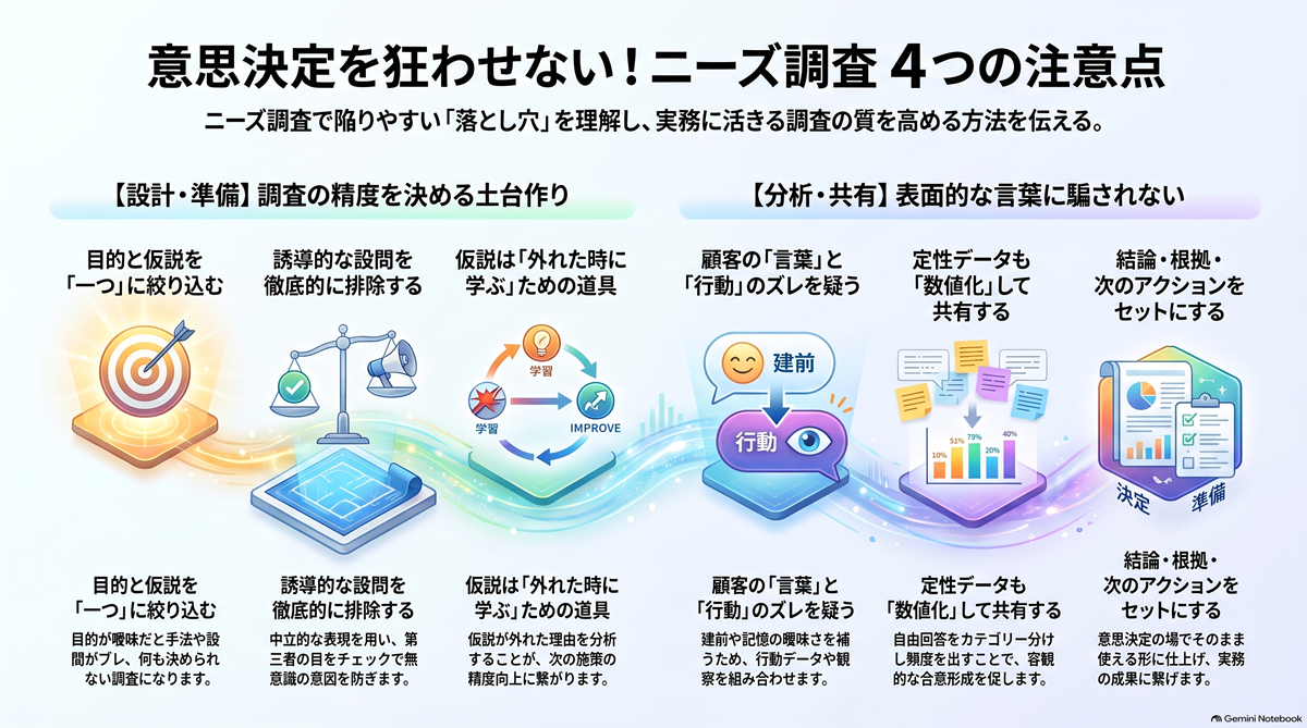 図 ニーズ調査4つの注意点のまとめ(生成AI作成)